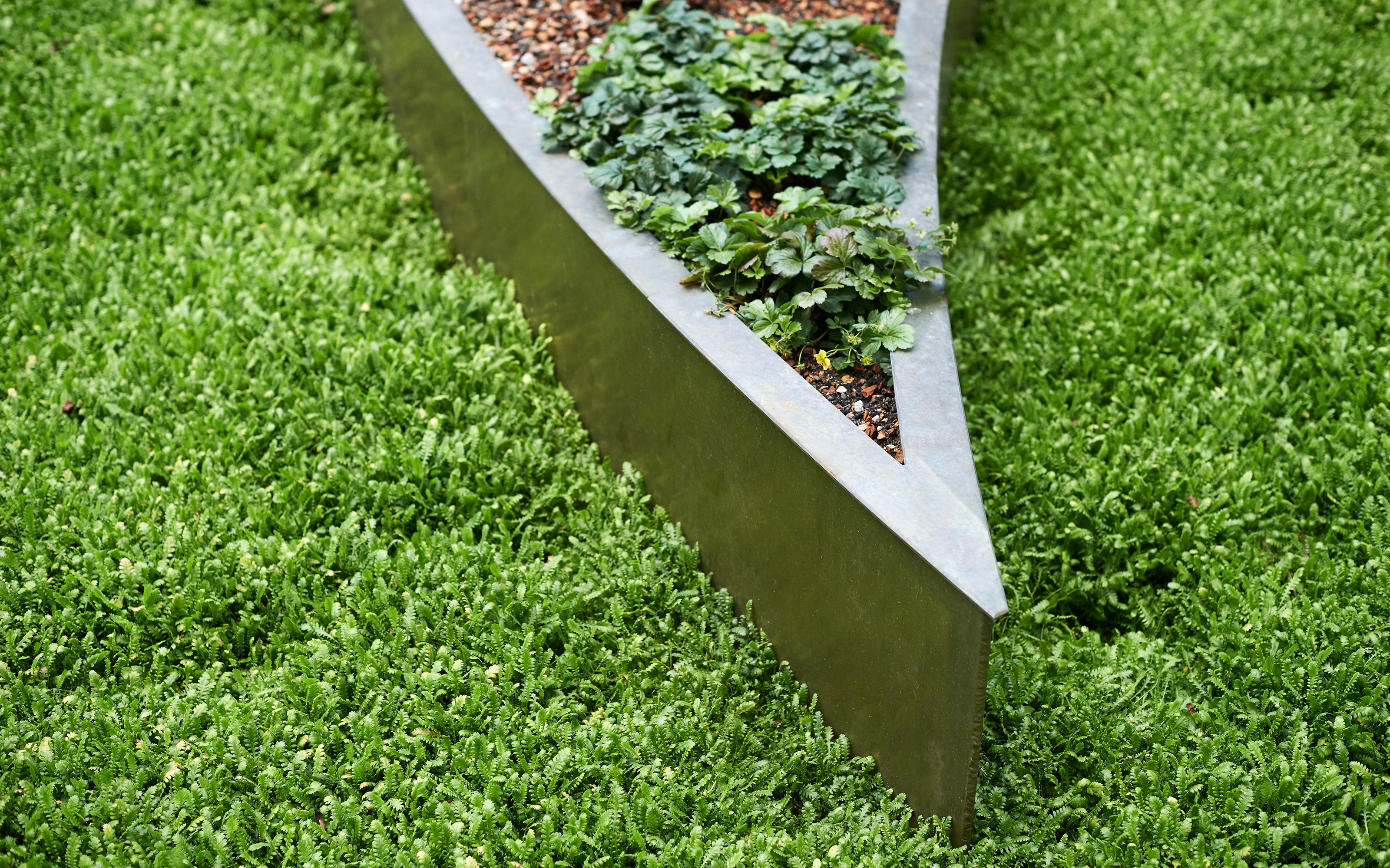 The border of the raised beds is made of Tombak. Plant bed surrounded by lawn